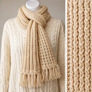 Hand Crocheted Beige Knit Scarf Fringe Boho Neutral Wrap 52” x 8.5”